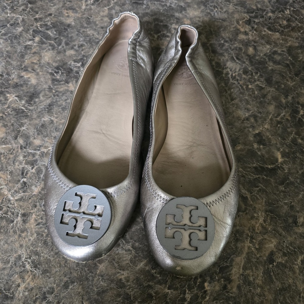 Tory Burch Minnie Ballet Flat Leather Metallic Silver US 9